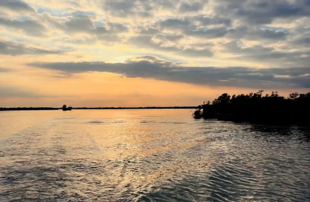 Sunset view during luxury Sundarban one day tour boat safari through mangrove rivers