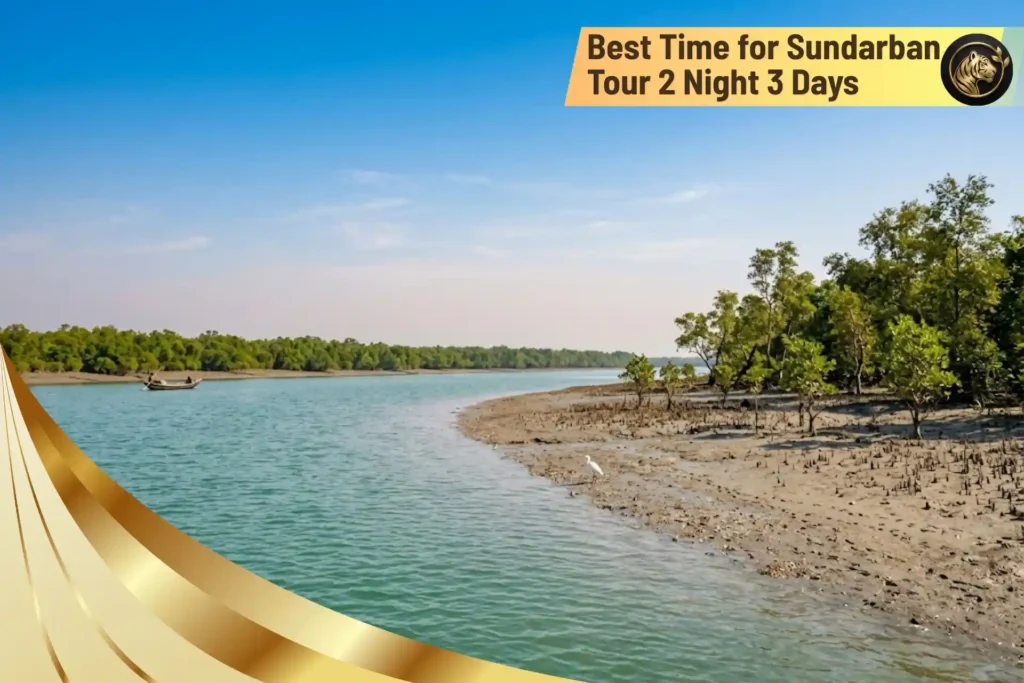 Beautiful weather in the Sundarbans with clear blue sky, peaceful river, and lush mangrove forest during the best time for Sundarban Tour 2 Night 3 Days.