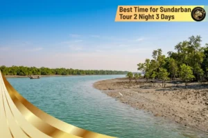 Beautiful weather in the Sundarbans with clear blue sky, peaceful river, and lush mangrove forest during the best time for Sundarban Tour 2 Night 3 Days.